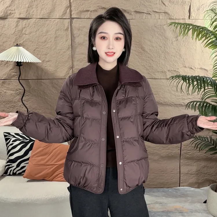 新款保暖毛线领冬季加厚加棉棉衣外套棉服时尚女显瘦棉衣气质外套