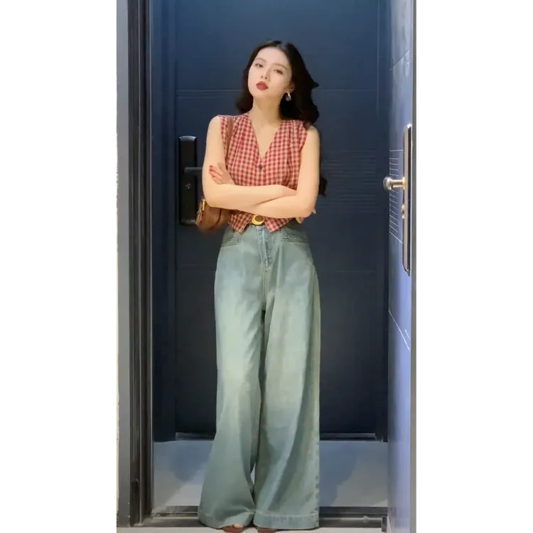 MARIE.COCO复古拼色气质格子v领无袖衬衫浅色直筒阔腿牛仔裤套装
