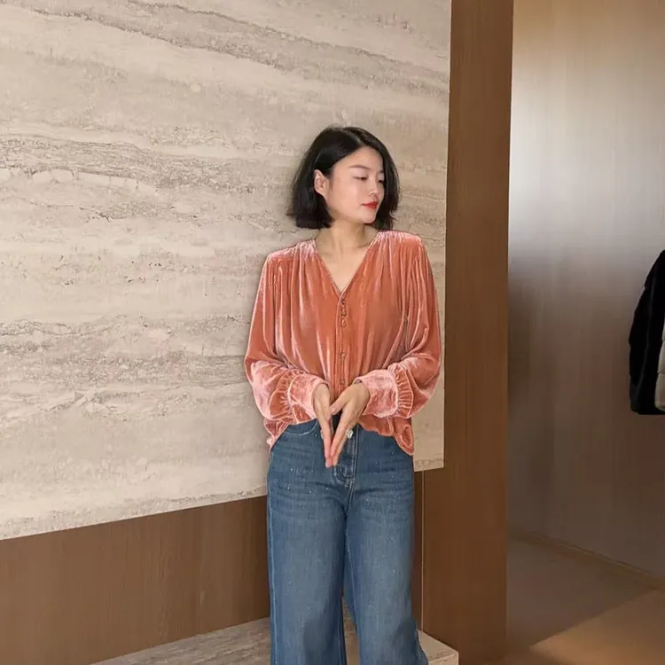 TANTAN 100真丝显瘦气质V领长袖丝绒上衣3011