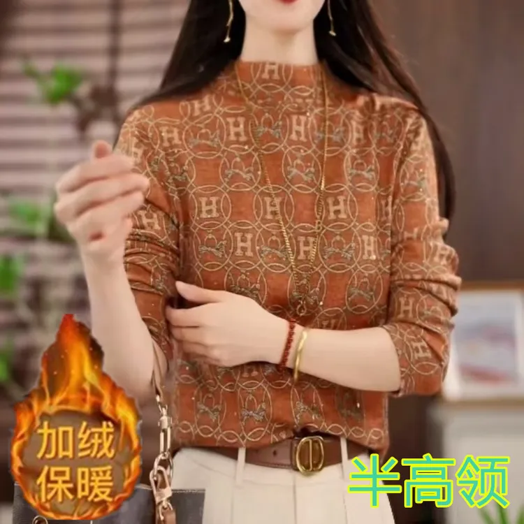 2025新款秋冬百搭时尚减龄圆领薄绒套头款长袖绒衫加绒显瘦印花