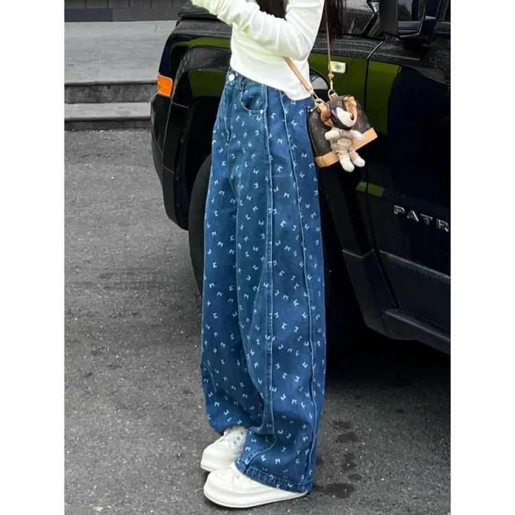 大码美式宽松慵懒风牛仔裤女春季高腰显瘦蓝色印花阔腿垂感直筒裤