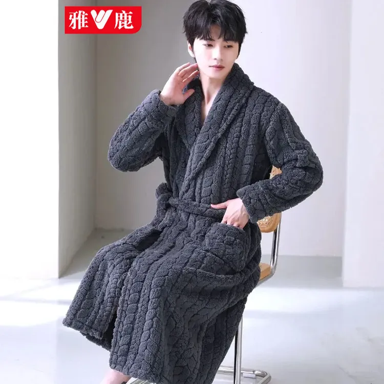 雅鹿长袖男冬季长款厚款男士家居服浴袍加厚2025新款时尚保暖纯色