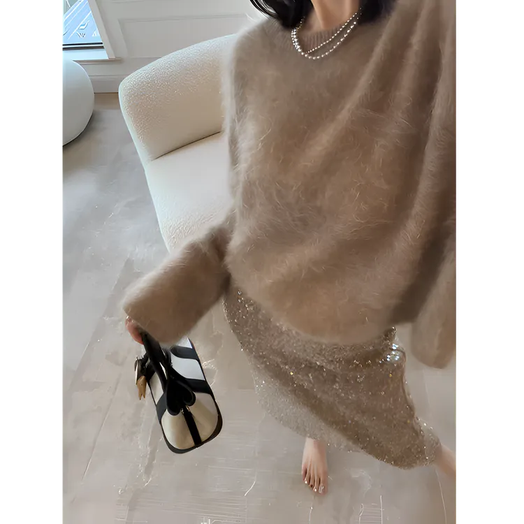 软糯奶呼呼咖色仿貂绒套头毛衣女冬季慵懒风宽松内搭针织保暖上衣