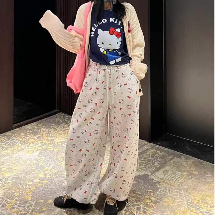 【Qiu仇Studio】新款满印小猫加绒阔腿裤洋气慵懒百搭休闲裤女8833