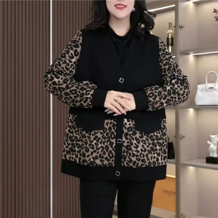 大码女装秋季新款显瘦遮肉拼接豹纹气质休闲新中式外套ZSX25A0215