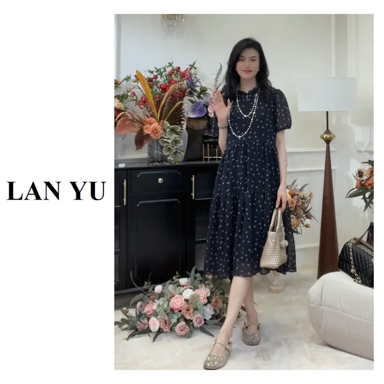 【陌上开花】肌理感面料碎花套头收腰系带中长款法式裙子