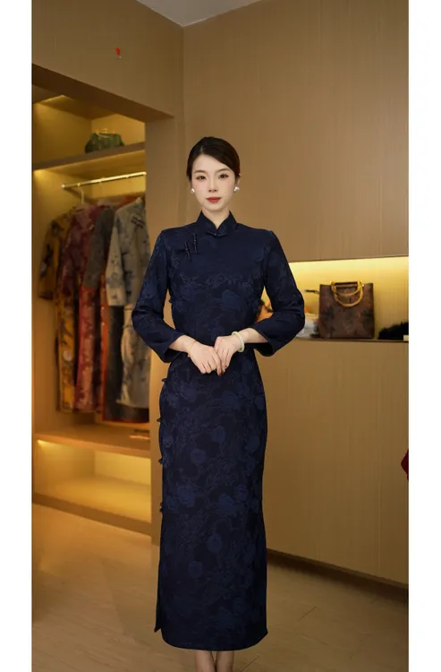 游园 冬款加绒全开襟优雅旗袍日常文艺显瘦长款旗袍