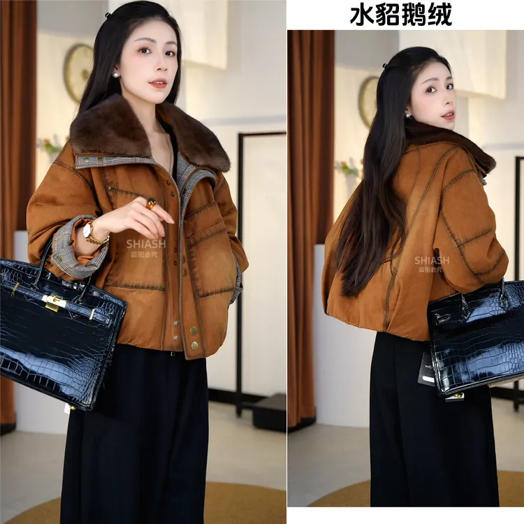 新2025冬季短款水貂毛领羽绒服女牛仔白鹅绒保暖宽松拼接女装外套