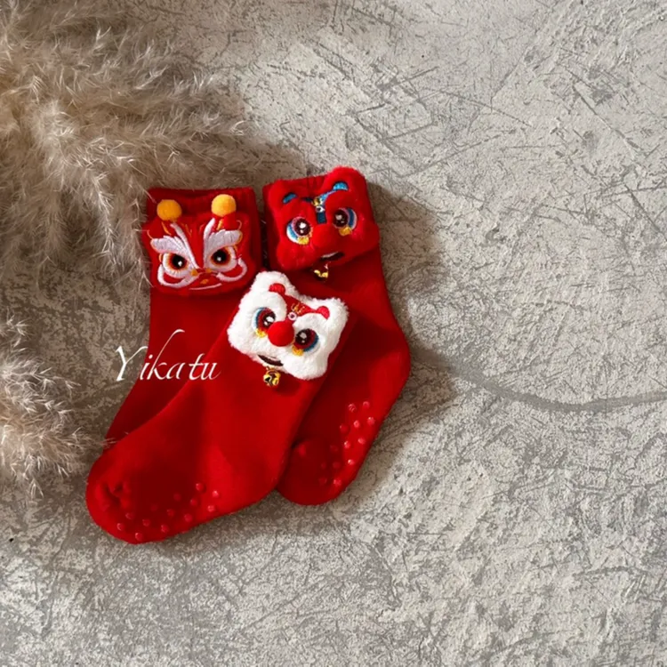 儿童红色新年喜庆袜子立体醒狮袜保暖秋冬周岁礼袜子潮袜冬季