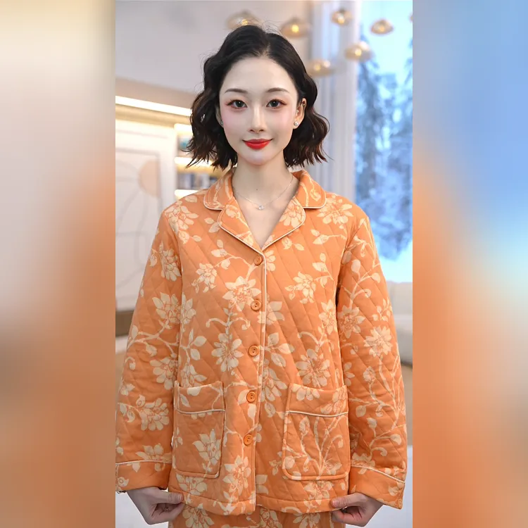 秋冬季三层菱形格夹丝布印花国民领长袖长裤女套家居服