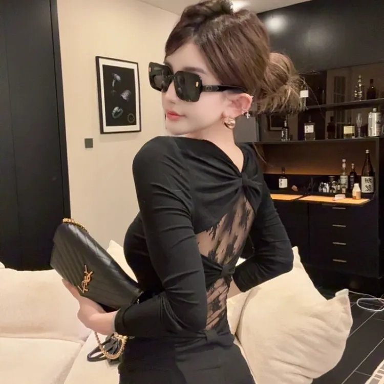 GUIDI GUDI【蝴蝶结缘】蕾丝性感感蝴蝶结后背打底女长袖/黄加蓝  