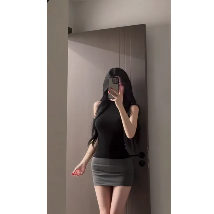 纯欲辣妹修身无袖上衣女性感显瘦高腰包臀短裙子御姐性感两件套装