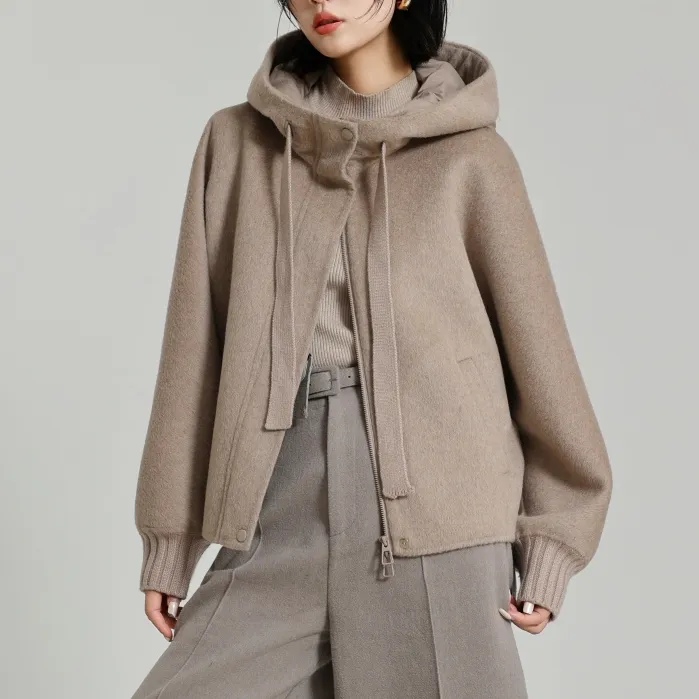WLIN短款双面呢大衣拼接羽绒保暖连帽领秋冬装时尚新款百搭休闲女装