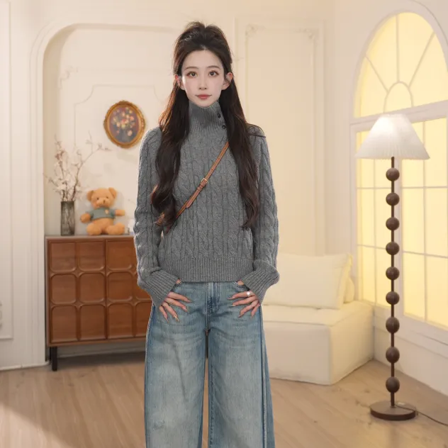 Basic House/百家好2026款早春时尚气质显瘦套头高领侧斜边毛衣女