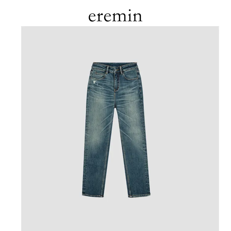 DE Mincollection雪花纹牛仔/水洗做旧磨毛烟管窄版牛仔裤59056