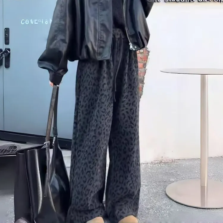 加绒加厚豹纹印花休闲裤女款2025年秋冬新款高腰显瘦慵懒百搭阔腿