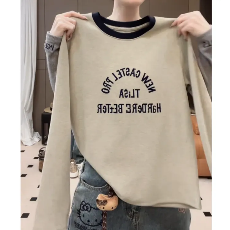 【字母青春】2025秋冬季穿搭修身拼色圆领字母长袖T恤LK2507109