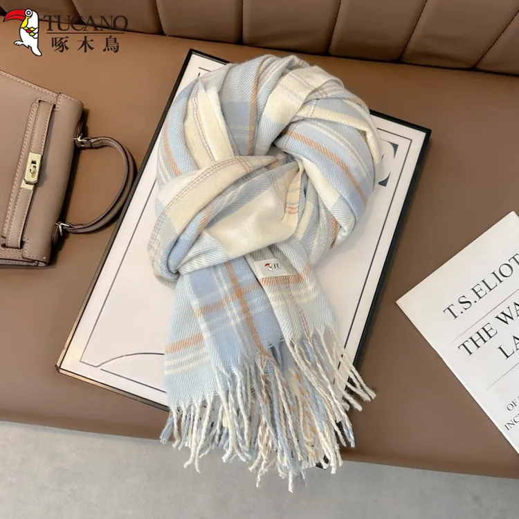 啄木鳥2025新款海盐蓝格子围巾女冬季韩系氛围感保暖时尚围脖学生