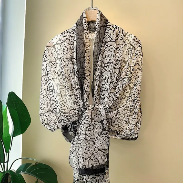 品牌100%桑蚕丝180*65cm玫瑰黑色披肩春秋真丝纱巾薄款时尚丝巾女