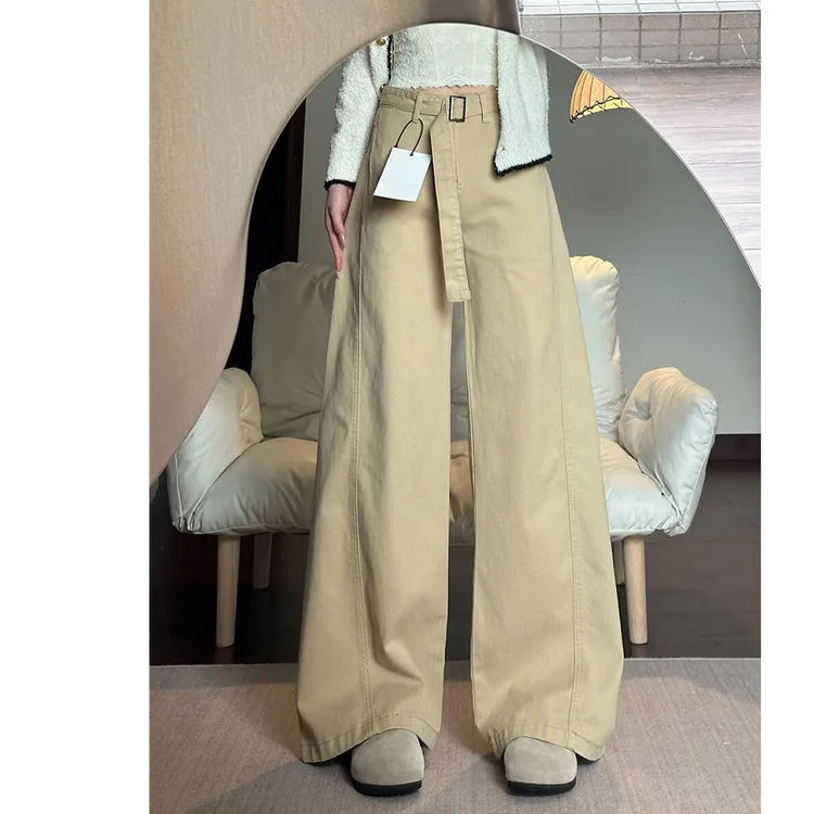 300斤大码胖mm卡其色弯刀牛仔裤女秋季新款梨形身材显瘦阔腿裤子