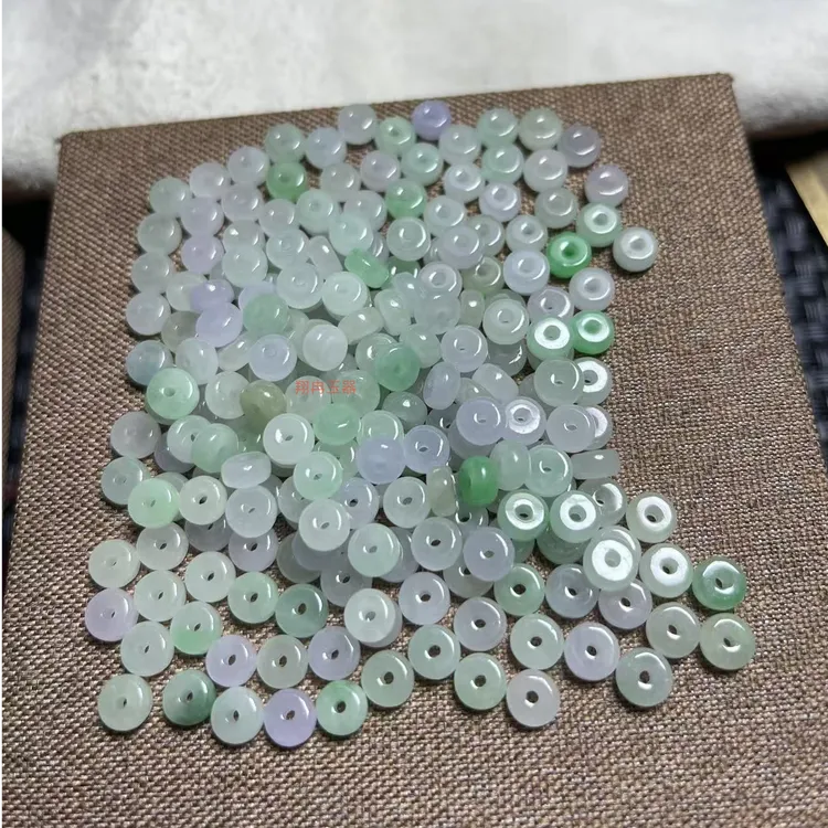 巴山翠翡翠散珠冰透白加绿算盘珠小平安扣项链手工串珠diy珠子