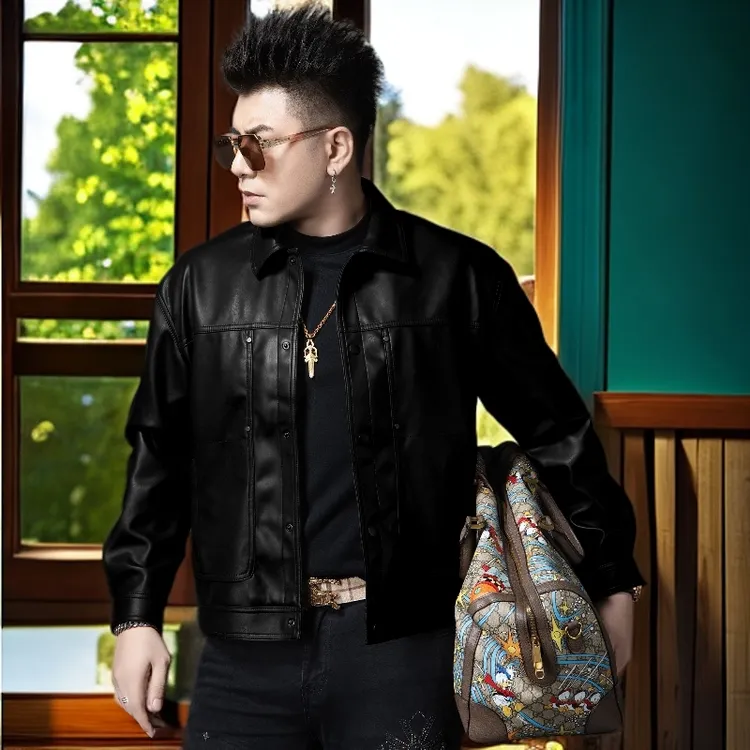 娜罗普西时尚新款翻领皮衣男士休闲痞帅机车服潮牌男款皮夹克外套
