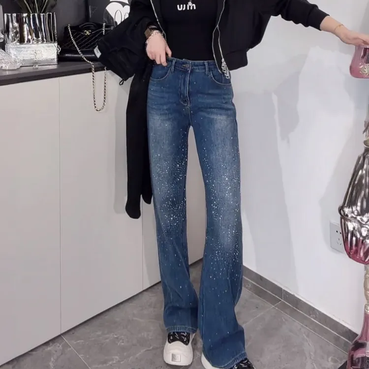 冬季保暖高腰高级感拖地长裤牛仔裤大码胖mm烫钻渐变窄版直筒裤女