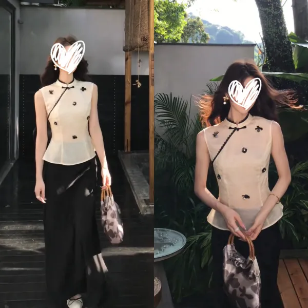 2025国风设计感提花新中式旗袍微透斜襟盘扣上衣百搭极简半裙套装