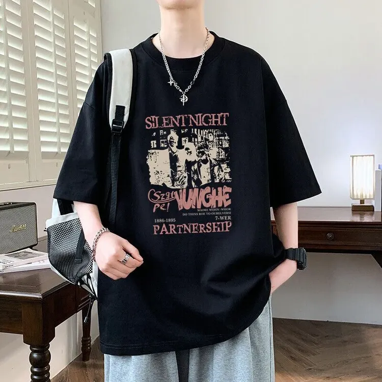 【潮牌宽松体恤】仓石一树夏季青少年短袖t恤百搭款透气大码五分袖