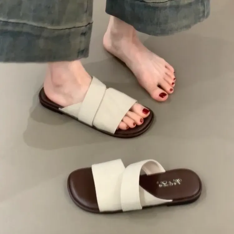 WL-033-5法式平底复古一字拖鞋女夏外穿2025年海边度假沙滩凉拖鞋
