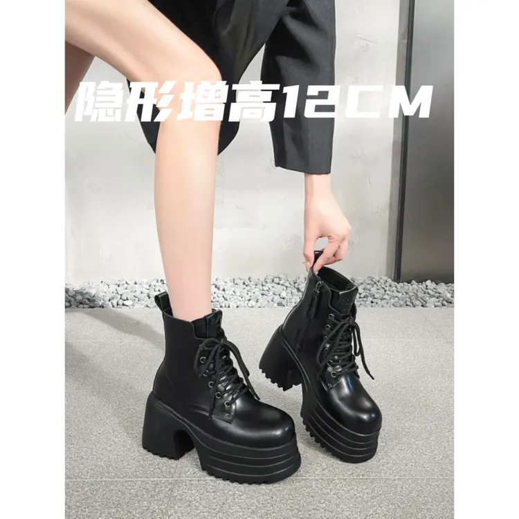 内增高英伦风复古马丁靴女2025新款春秋厚底小个子粗高跟系带短靴