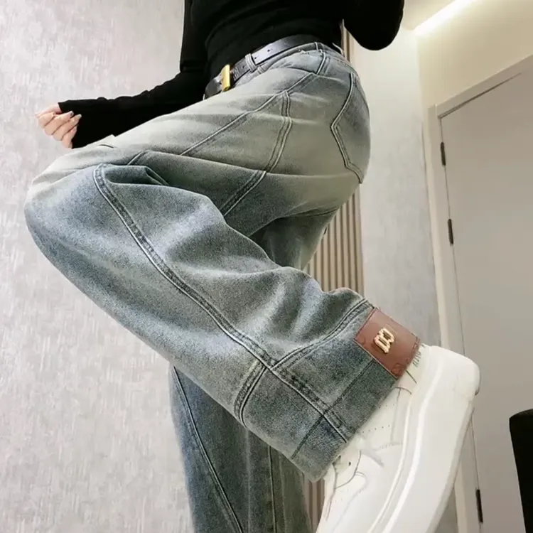 浅色拼接弯刀牛仔裤女高腰显瘦阔腿裤高个子直筒休闲长裤