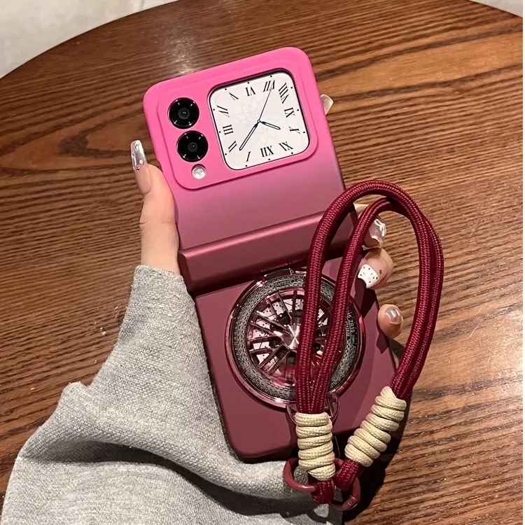 适用华为NovaFlip手机壳折叠屏粉拼酒红旋转轮旋支架磨砂保护套