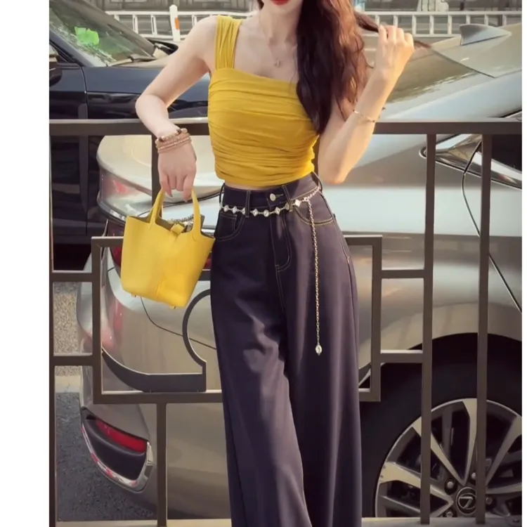 2025夏季新款时尚甜美减龄设感休闲百搭修身上衣高腰牛仔裤两件套