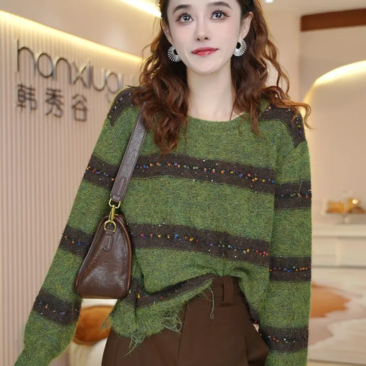 时尚复古慵懒风炸街套头针织衫女2025秋季新款设计感短款条纹毛衣