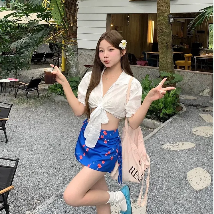 XYT泳衣女法式甜辣妹比基尼度假女夏季新款提花短款衬衫度假温泉