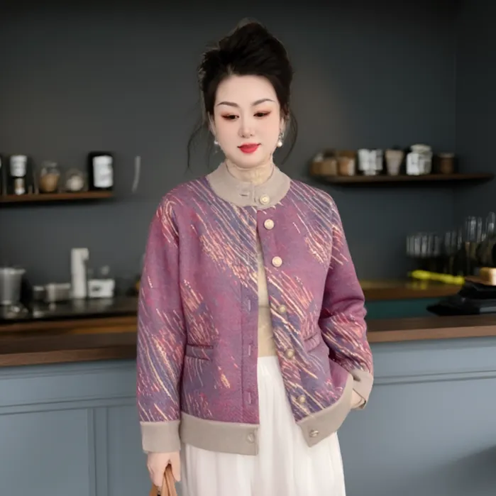 冬季中老年女装时尚气质加绒加厚洋气圆领外套针织衫宽松妈妈装