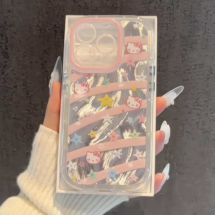 适用苹果iPhone16pro手机壳15羽纱奶油涂鸦星星kitty华为小众新款