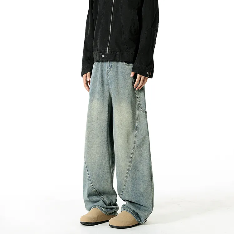 美式水洗弯刀工装牛仔裤男秋季潮牌拼接宽松阔腿裤高街直筒休闲裤