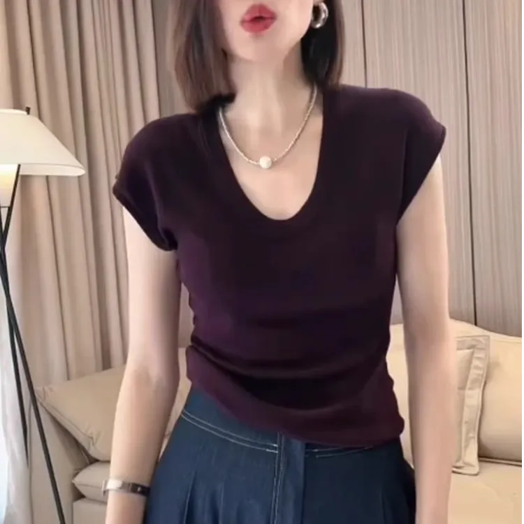 冰丝针织正肩深紫色修身收腰短袖t恤女夏季爆款U领红色上衣