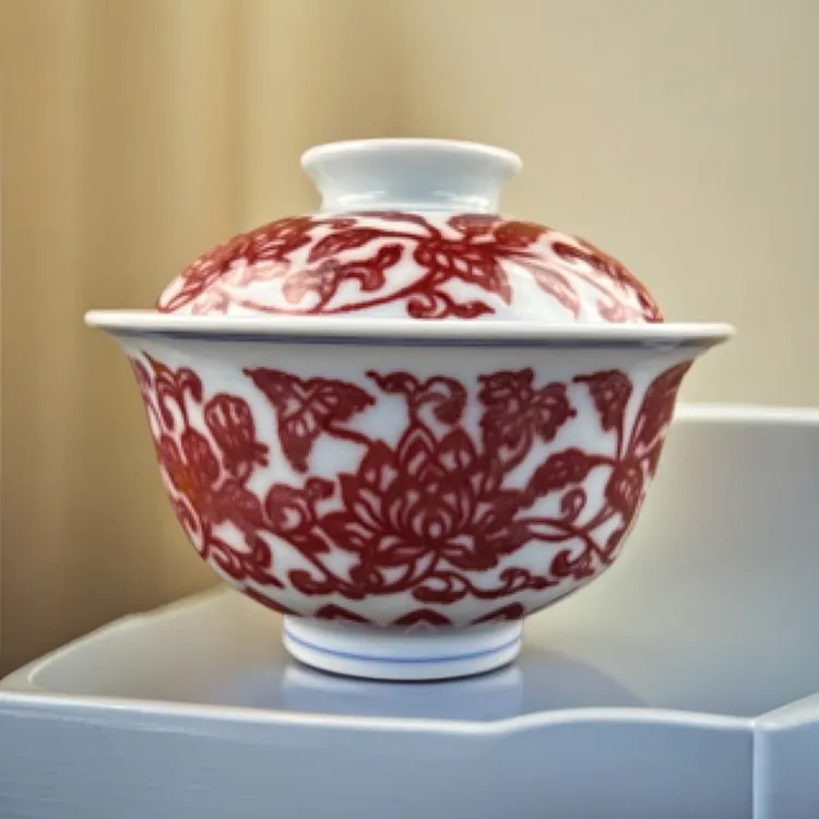 溪顺堂茶器景德镇釉里红双狮缠枝纹手工陶瓷盖碗手绘纯手工柴窑