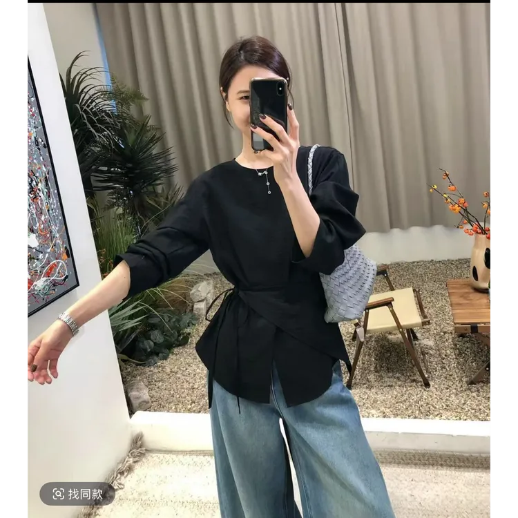 溪溪靓衫法式气质设计绑带黑色圆领时尚休闲高级收腰显瘦长袖上衣
