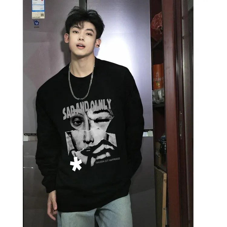 高街痞帅美式长袖t恤男潮流宽松个性潮牌纯棉重磅打底衫上衣