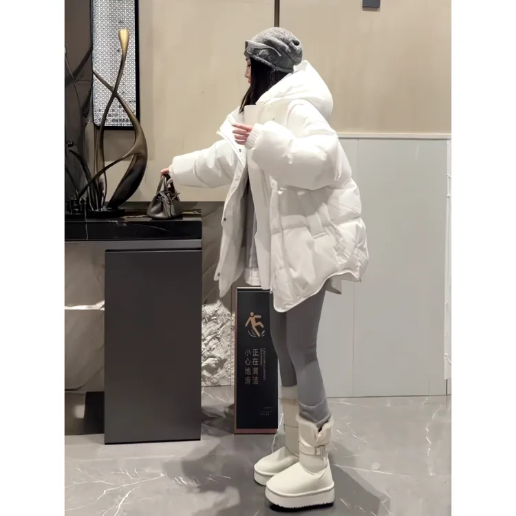 高级感白色连帽中长款棉服外套女冬季新款加厚保暖宽松面包服棉衣
