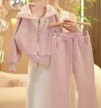 女童春秋运动套装2025新款韩版洋气时尚蕾丝帽针织宽松连帽两件套