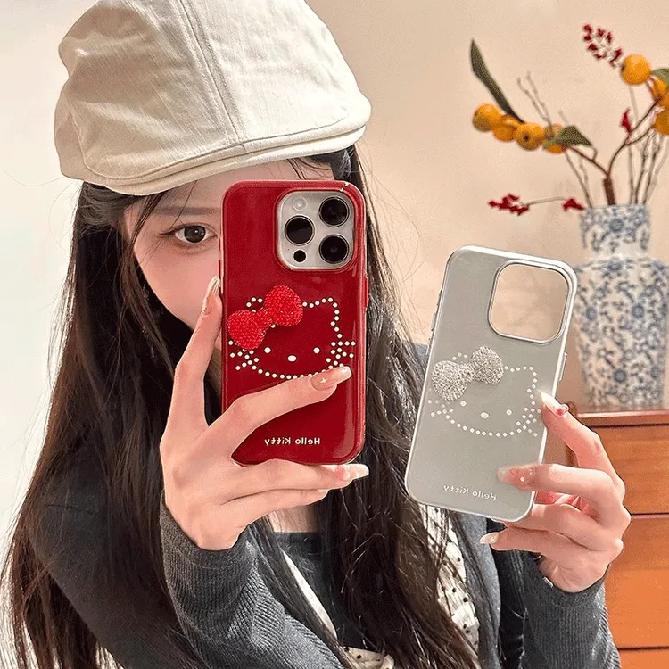 新年红色蝴蝶结闪钻猫咪适用苹果16Pro手机壳iPhone14/15Promax女