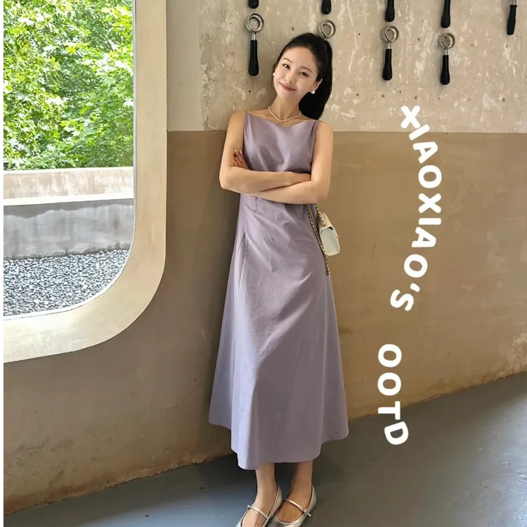 2025夏季连衣裙法式纯色百搭显瘦H型裙连袖连衣裙无袖吊带套头女