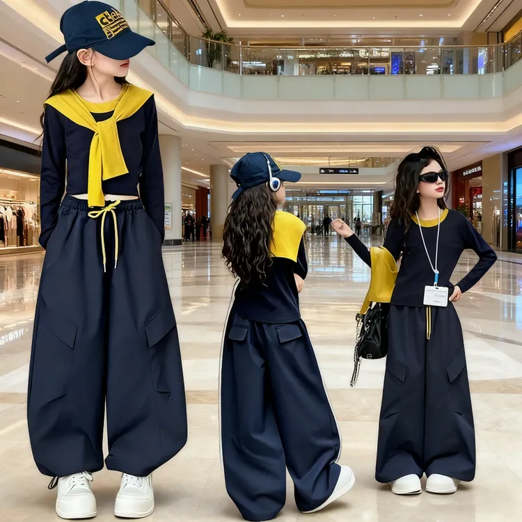 女童休闲套装秋季儿童女宝宝简约宽松长袖长裤披肩韩版潮款三件套