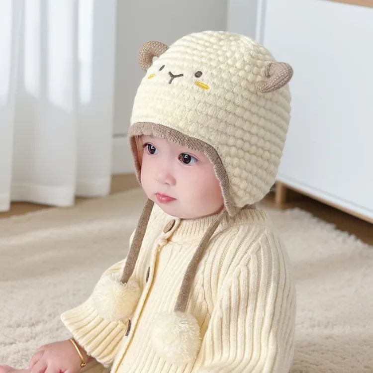 婴儿帽子秋冬季可爱小羊宝宝毛线帽保暖针织帽男女童婴幼儿护耳帽