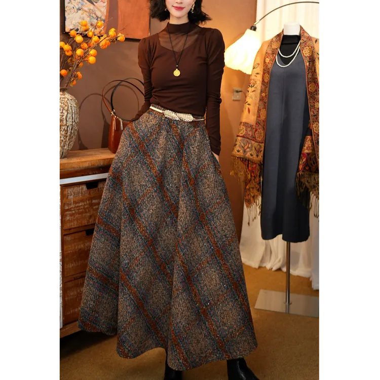 【二个裙长+厚款】2025秋冬新款洋气时尚斜裁格纹毛呢厚款A字大摆裙